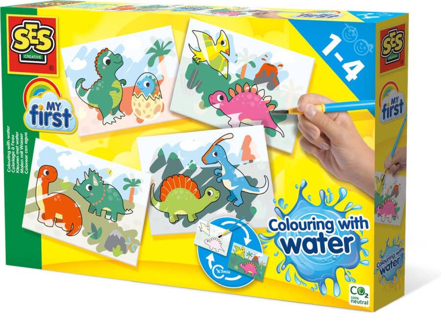 SES My First Verven Kleuren met water Dino's geen geknoei vrolijke kaarten met veilige kwast steeds opnieuw te gebruiken