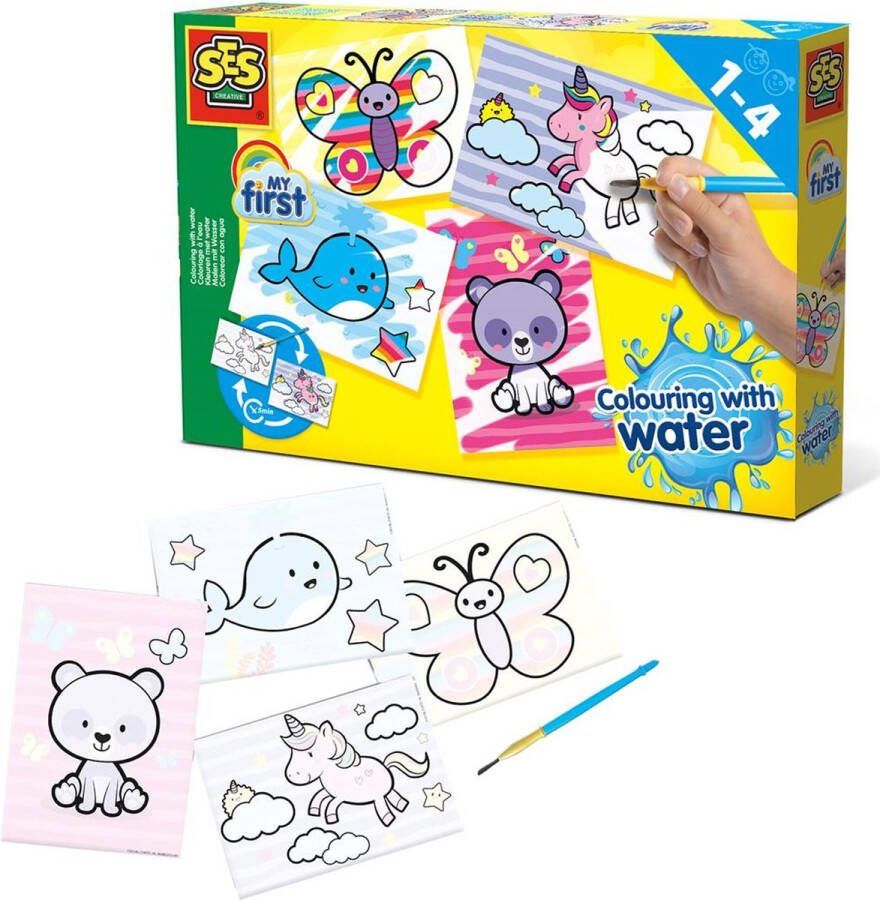 SES My First Verven Kleuren met water Fantasie dieren zonder geknoei inclusief 4 voorbedrukte kaarten en kwast steeds opnieuw te gebruiken