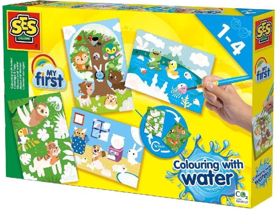 SES My First Verven Kleuren met water Verborgen dieren zonder geknoei inclusief 4 voorbedrukte kaarten en kwast steeds opnieuw te gebruiken
