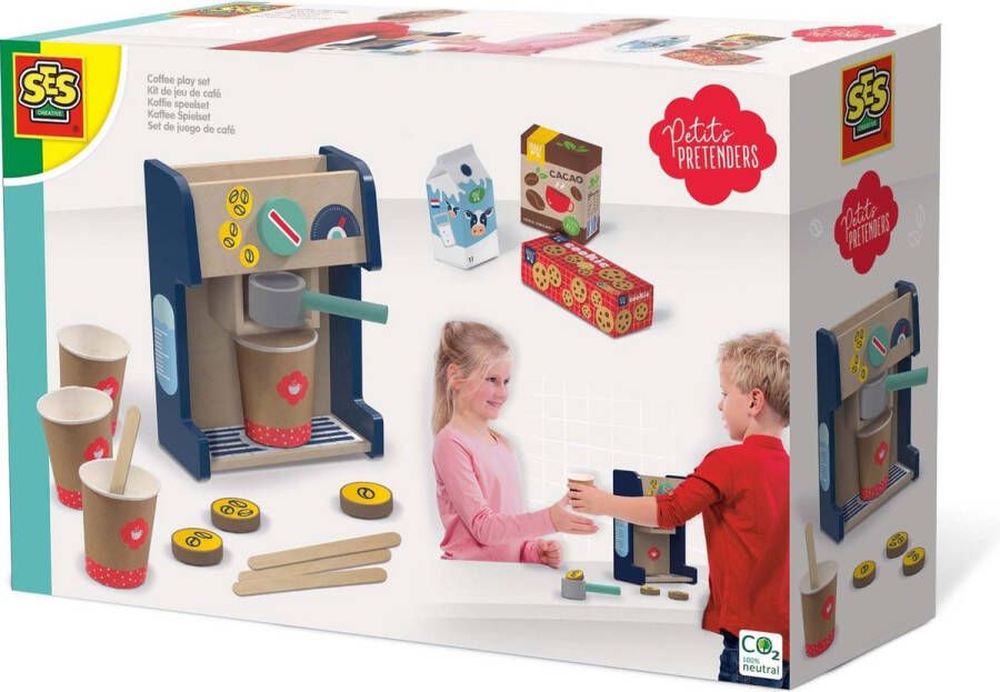 SES Petits Pretenders Koffie speelset houten Montessori koffie apparaat inclusief bekers roerstaafjes en 3 supermarkt en