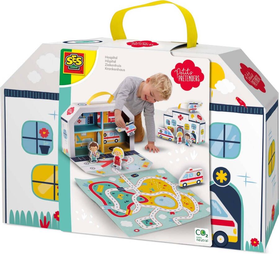 SES Petits Pretenders Ziekenhuis speelkoffer en speelmat speelkoffer met 4 kamers speelkleed en houten speelfiguren