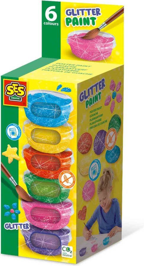 SES Plakkaatverf Glitter (6x45ml) extra dekkende plakkaatverf trendy glitter kleuren hersluitbare potjes makkelijk uitwasbaar