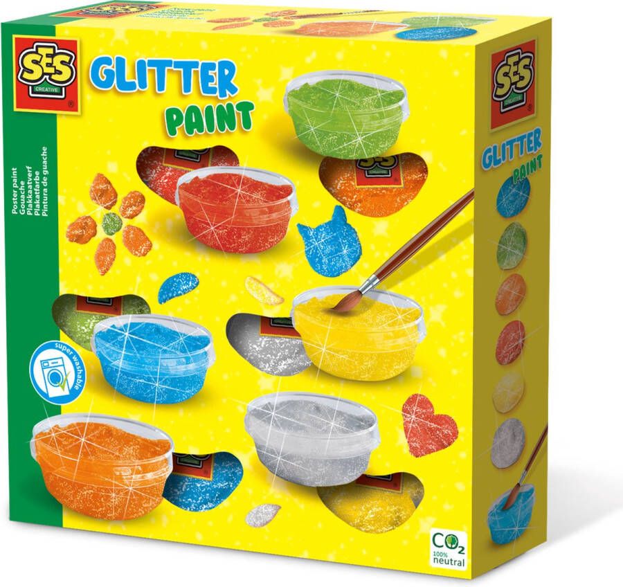 SES Plakkaatverf Glitter hypoallergeen goed uitwasbaar 6 heldere kleuren met glitters