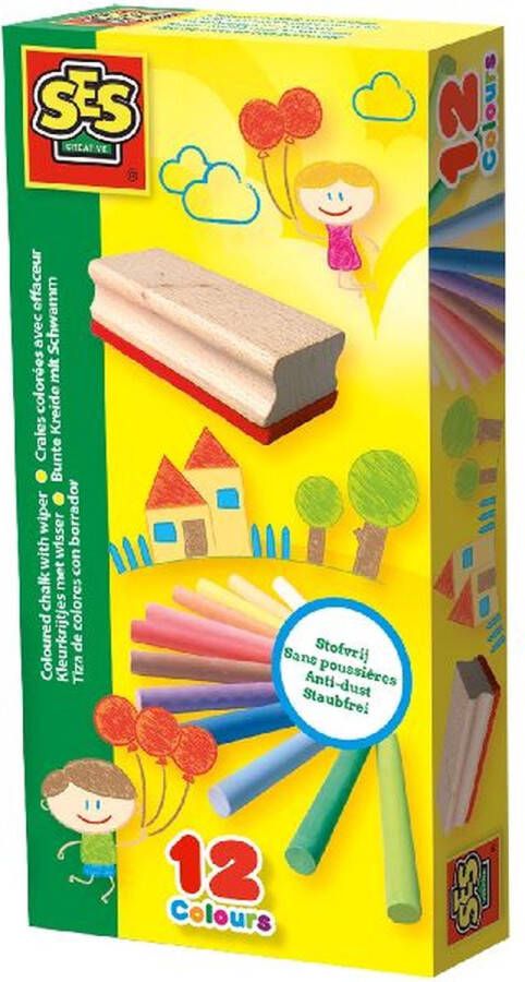 SES Schoolbordkrijtjes met wisser stofvrij heldere kleuren
