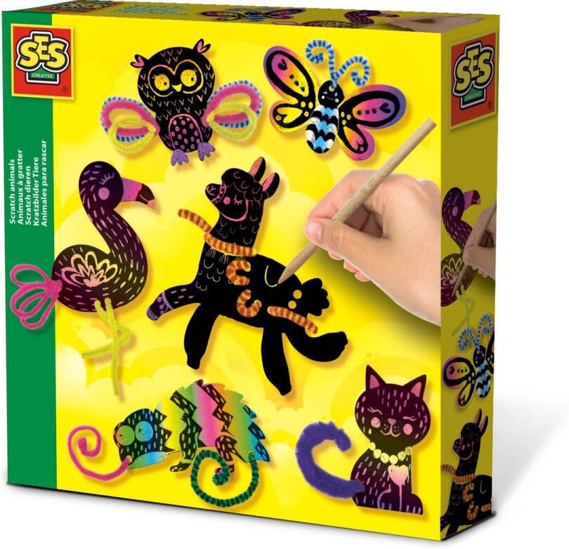 SES Scratch dieren 6 scratch figuren met kras pen en gekleurd chenilledraad