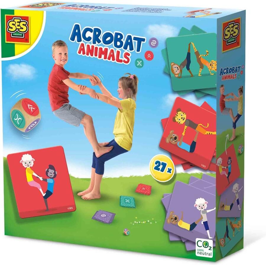 SES Acrobaat dieren doe de dieren op de 27 speelkaarten na met dobbelsteen van hout binnen of buiten spelen