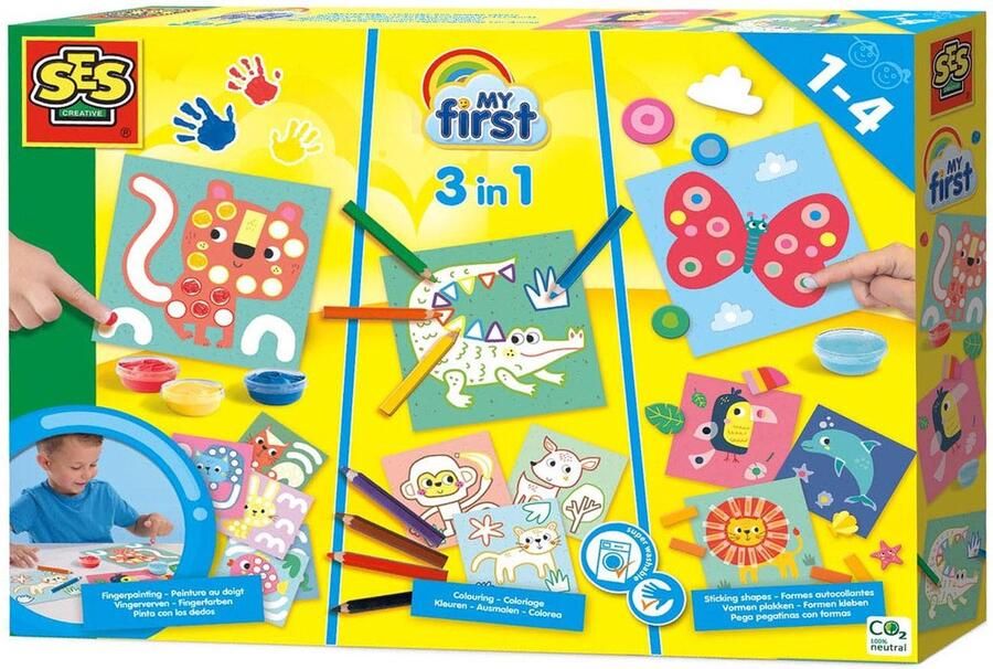 SES My First 3 in 1 Vingerverven kleuren en vormen plakken inclusief 4 kleuren vingerverf 8 dikke potloden vingerlijm plakfiguren en knutselkaarten hypoallergeen makkelijk uitwasbaar - Foto 2