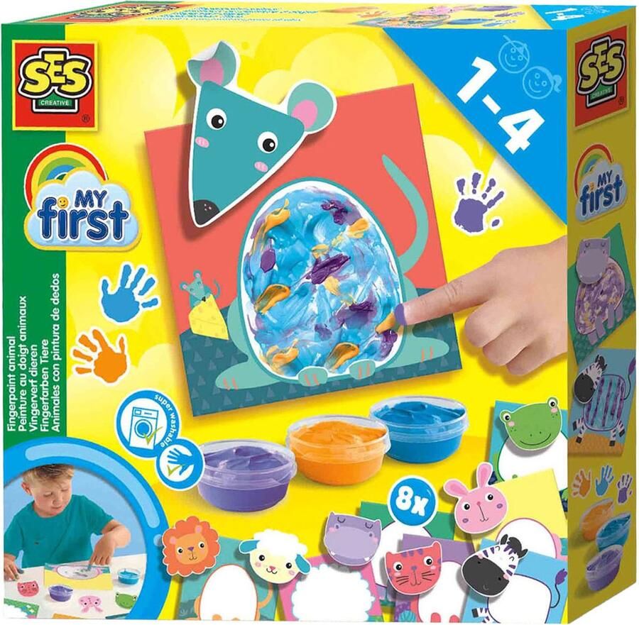 SES My First Vingerverf dieren 8 grote dierenkaarten met sticker hoofden goed uitwasbaar