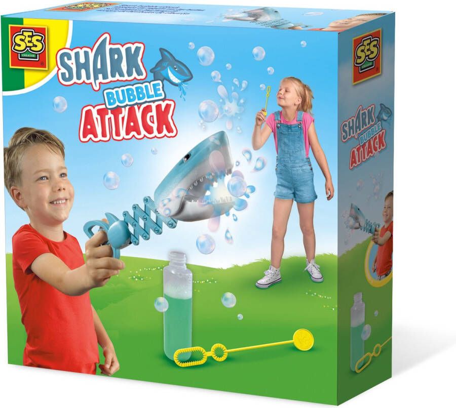 SES Shark bubble attack haai met uitschuifbare nek eet de bubbels inclusief bellenblaassop en stokje