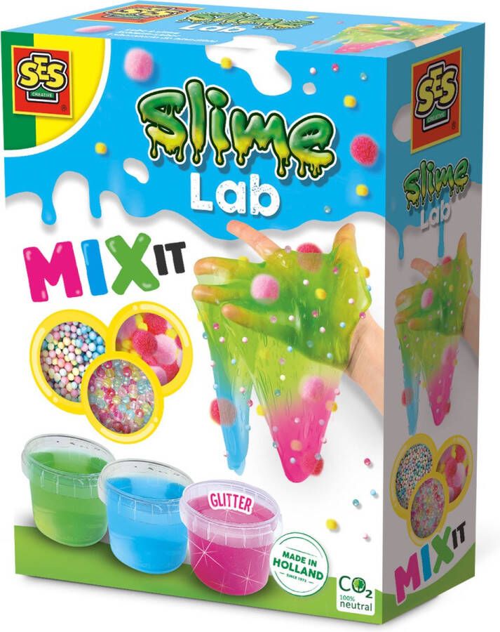 SES Slime lab Mix it 3 kleuren slijm met balletjes pompons en kralen om te mixen