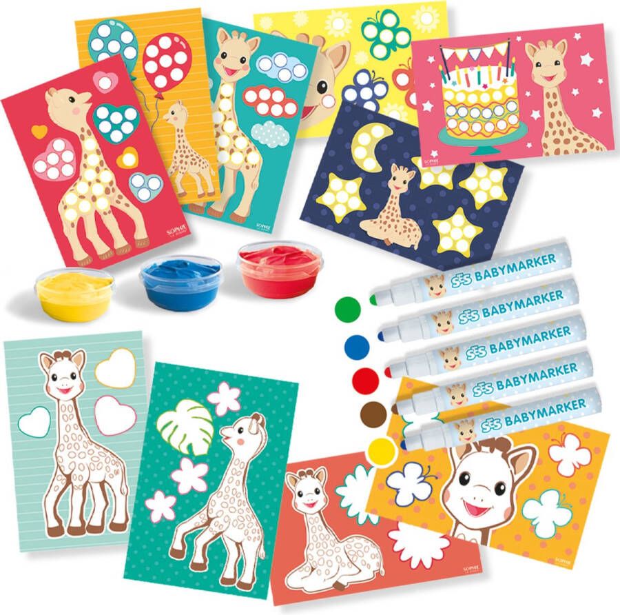 SES Sophie la Girafe 2-in-1 Kleuren en verven 3 kleuren vingerverf 5 babymarker stiften hypoallergeen met 10 knutselkaarten makkelijk uitwasbaar