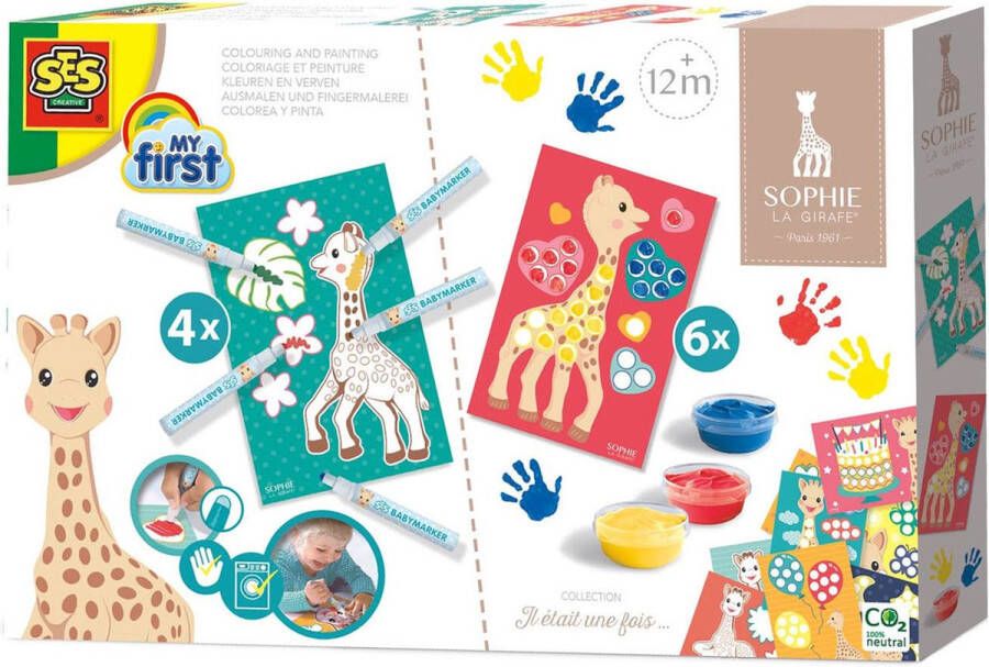 SES Sophie la Girafe 2-in-1 Kleuren en verven 3 kleuren vingerverf 5 babymarker stiften hypoallergeen met 10 knutselkaarten makkelijk uitwasbaar