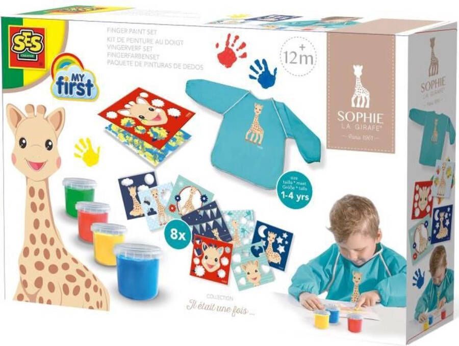 SES Sophie la Girafe Vingerverfset 4 kleuren vingerverf inclusief schort papier en overlegvellen hypoallergeen makkelijk uitwasbaar