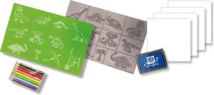SES Stempelset dino 11 dinosauris stempels van foam met stempelkussen kleurpotloden en tekenpapier