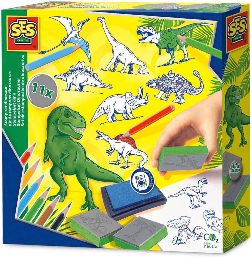 SES Stempelset dino 11 Dinosaurus stempels van foam met stempelkussen kleurpotloden en tekenpapier knutselen jongens Dinosaurus Speelgoed