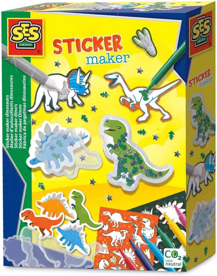 SES Sticker maker dino's shaker stickers en gewone dino stickers zelf kleuren inclusief stiften pailletten en glitterlijm knutselen jongens Dinosaurus Speelgoed