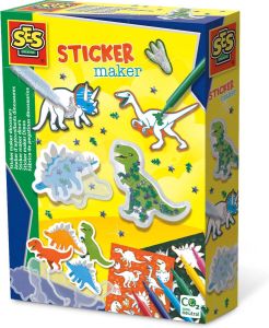SES Sticker maker dino's shaker stickers en gewone dino stickers zelf kleuren inclusief stiften pailletten en glitterlijm