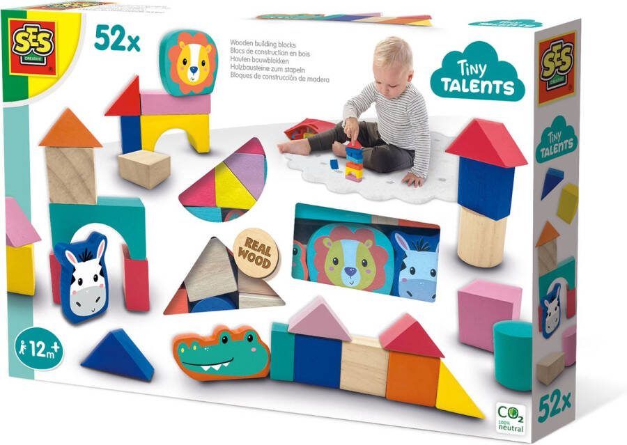 SES Tiny Talents Houten bouwblokken 52-delige set Montessori blokken vrolijke kleuren eindeloos te combineren Speelgoed 3 Jaar