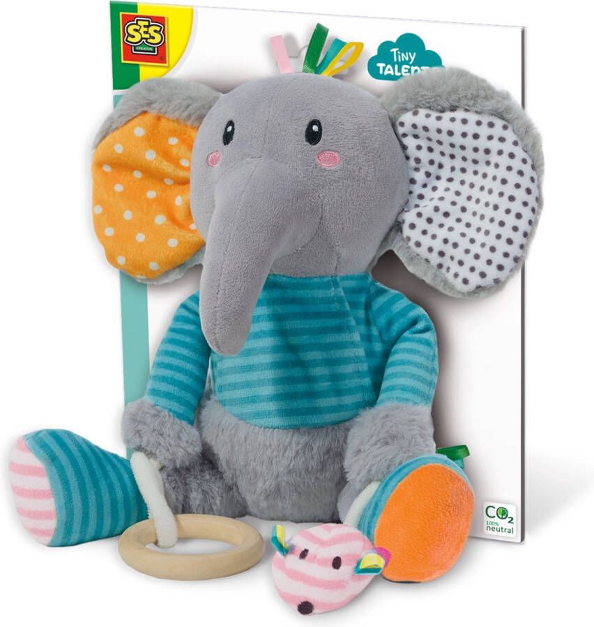 SES Tiny Talents Olfi sensory olifant Knuffelolifant met spiegel knispervoet bijtring en piepmuis