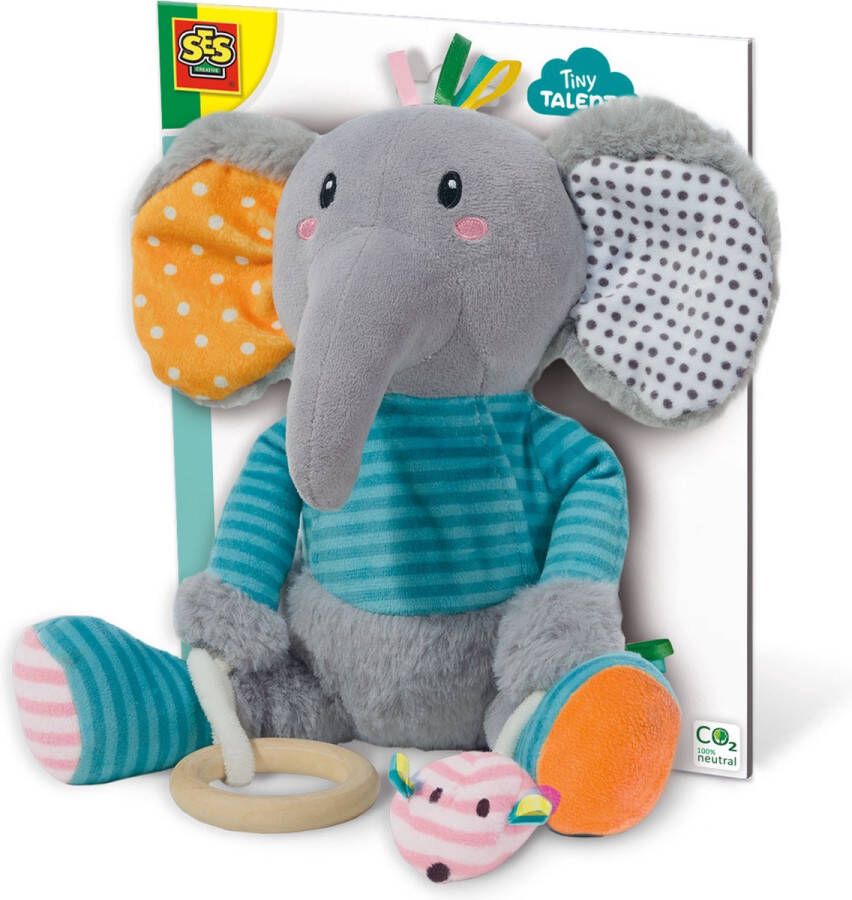 SES Tiny Talents Olfi sensory olifant Knuffelolifant met spiegel knispervoet bijtring en piepmuis baby speelgoed