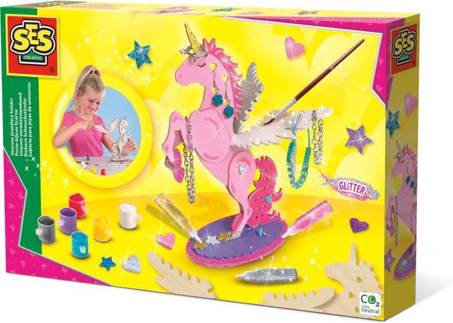 SES Unicorn sieradenstandaard houten onderdelen met 6 kleuren verf penseel en (glitter)lijm makkelijk uitwasbaar Unicorn Knutselen