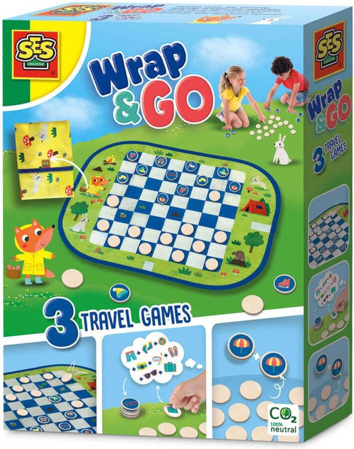 SES Wrap&Go reisspellen Dammen Memo Ik ga op reis en ik neem mee 3 in 1 travel size speelbord is de bewaartas houten onderdelen