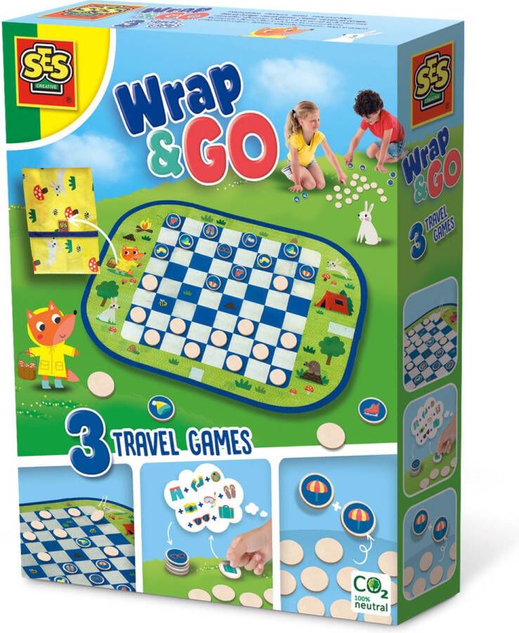SES Wrap&Go reisspellen Dammen Memo Ik ga op reis en ik neem mee 3 in 1 travel size speelbord is de bewaartas houten onderdelen