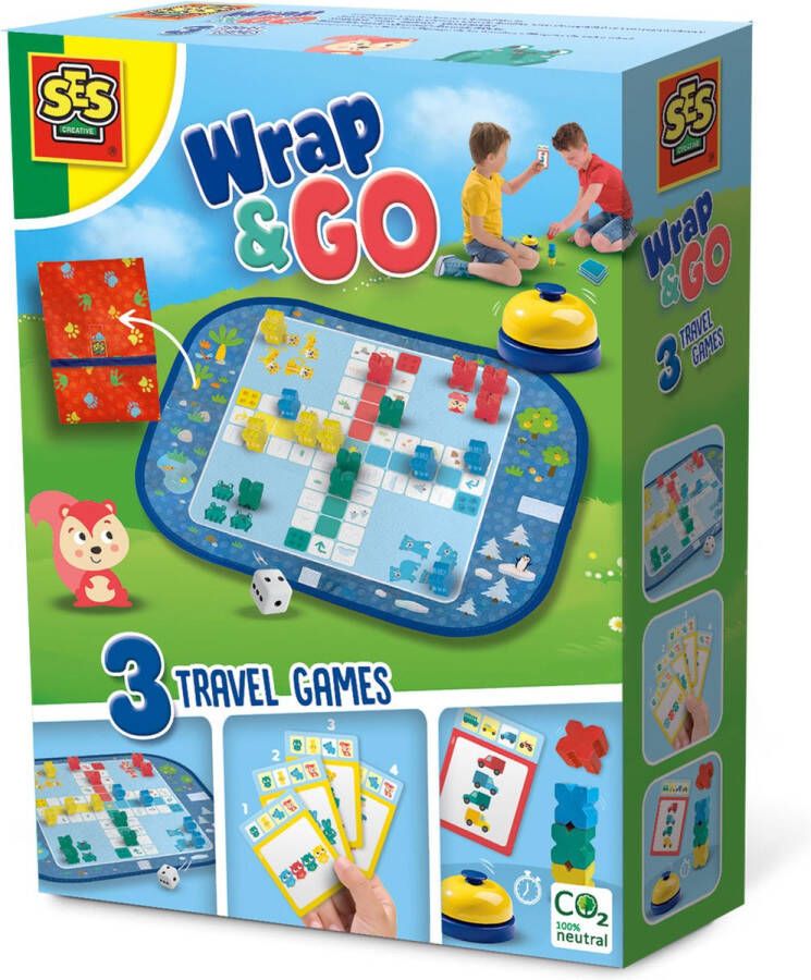 SES Wrap&Go reisspellen Ludo Kwartet Speed blocks 3 in 1 travel size speelbord is de bewaartas houten onderdelen