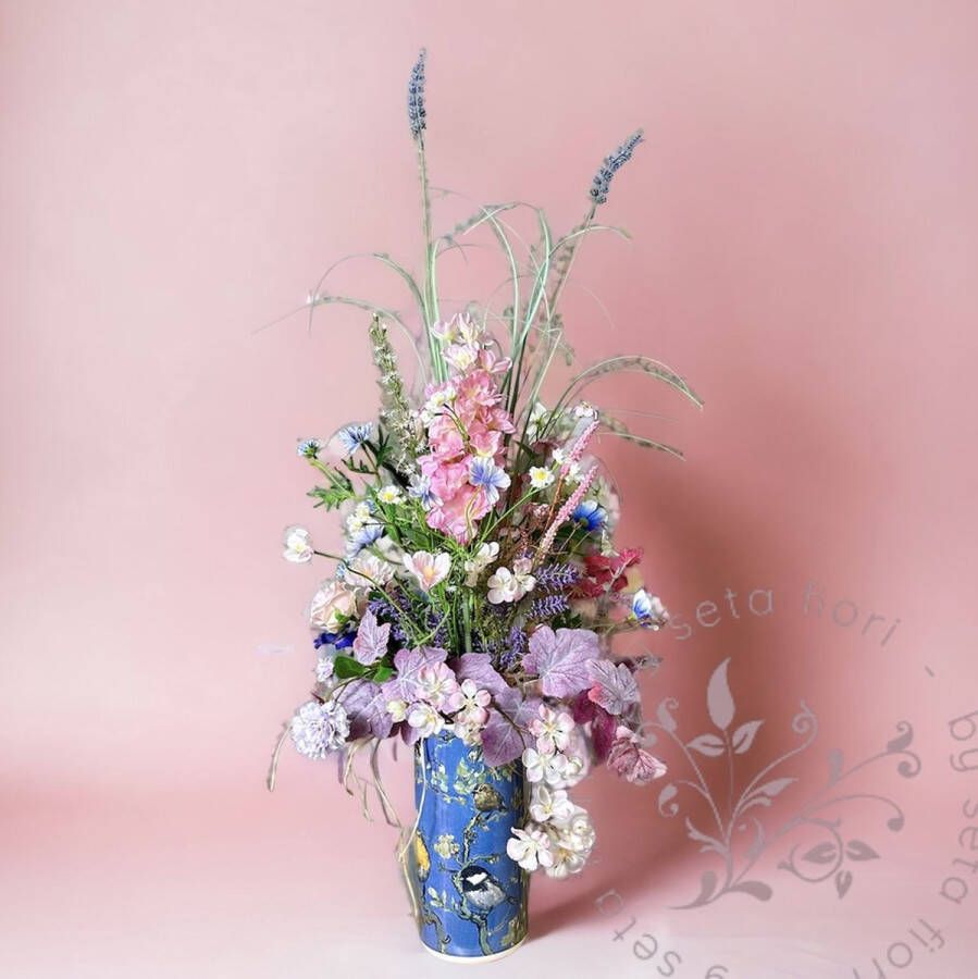 Seta Fiori Summer Pink XL Zijden kunst bloemen boeket roze blauw 80cm compleet in vaas
