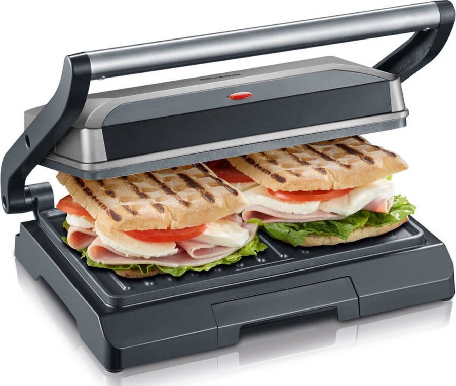 Severin Contactgrill KG 2394 grillplaten met antiaanbaklaag inzetbaar als steak grill sandwich grill of panini maker inclusief vetopvangschaal