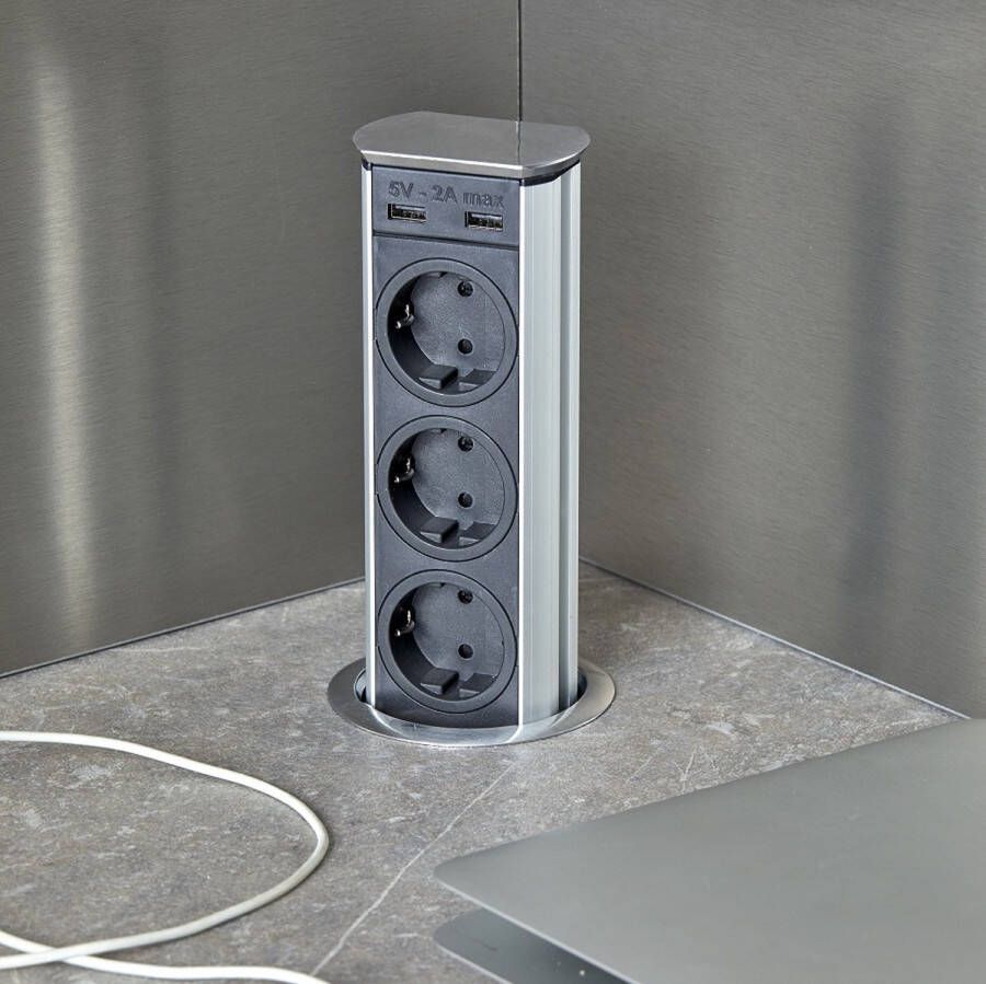 SGN Pop-up stekkerdoos Brick 3x stopcontacten 2x usb lader RVS