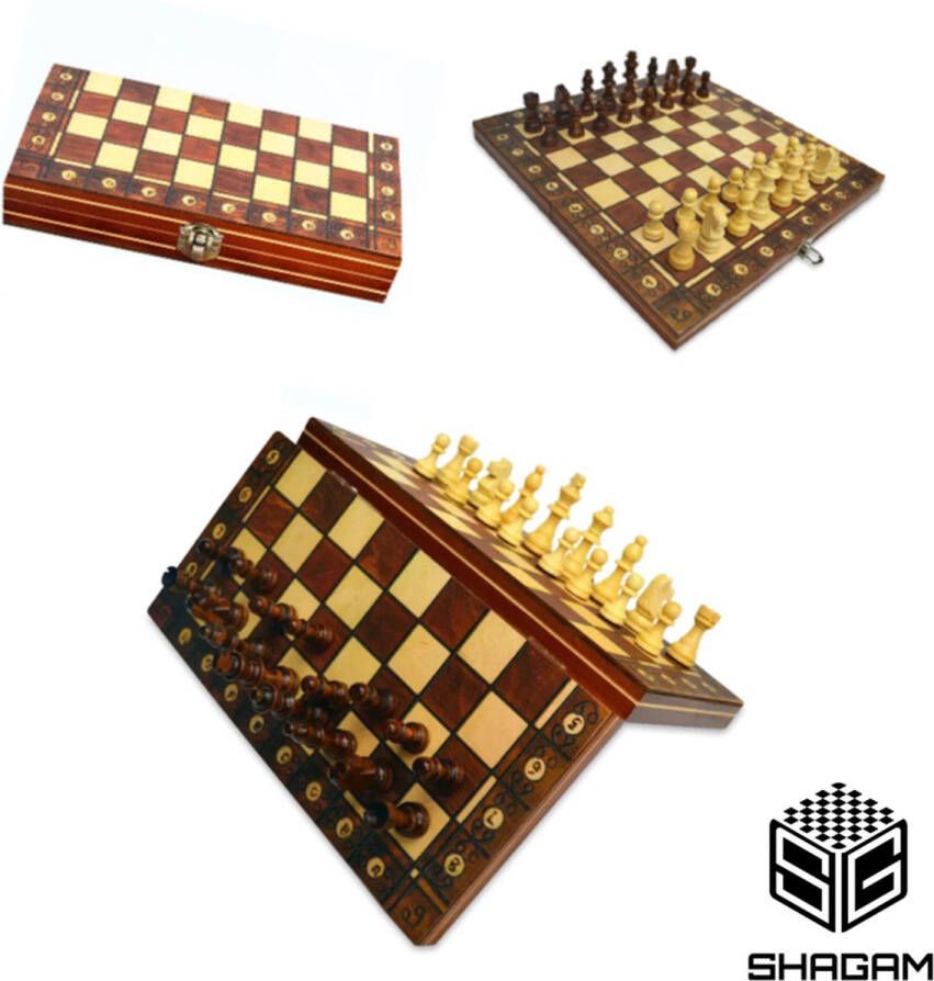 Shagam 3-in-1 Set 24 x 24 cm Schaakbord Dambord (8x8) Backgammon Hout Magnetisch Met Schaakstukken Opklapbaar Schaakspel Schaakset Schaken Chess Damset