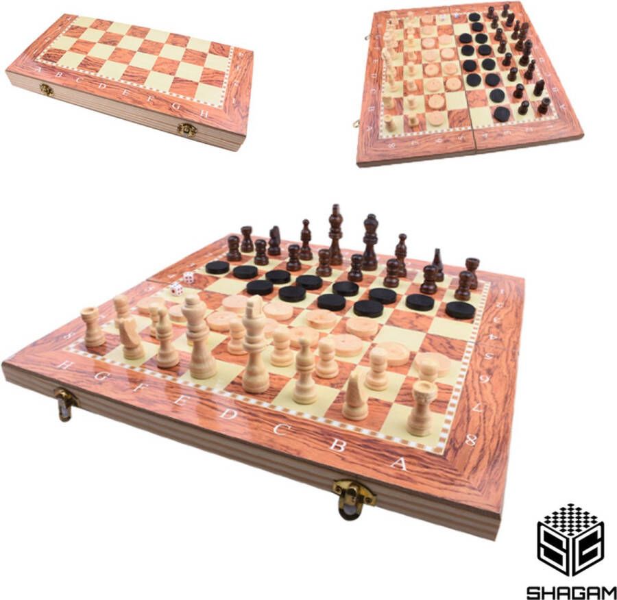 Shagam 3-in-1 Set 24 x 24 cm Schaakbord Dambord (8x8) Backgammon Hout Met Schaakstukken Opklapbaar Schaakspel Schaakset Schaken Chess Damset