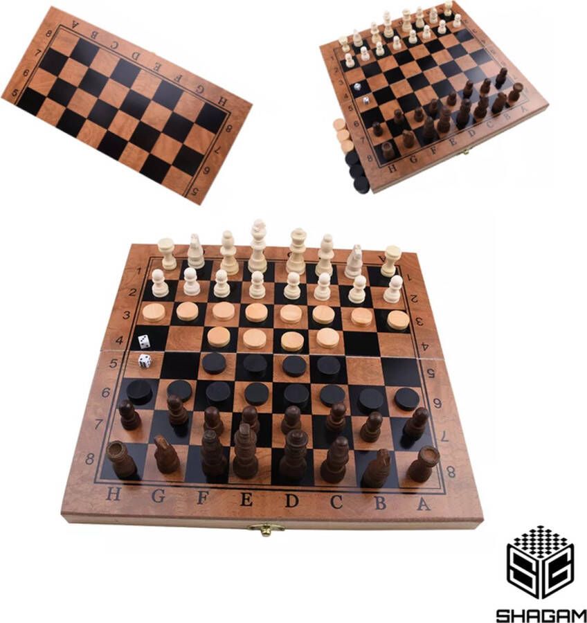 Shagam 3-in-1 Set 29 x 29 cm Schaakbord Dambord (8x8) Backgammon Hout Met Schaakstukken Opklapbaar Schaakspel Schaakset Schaken Chess Damset