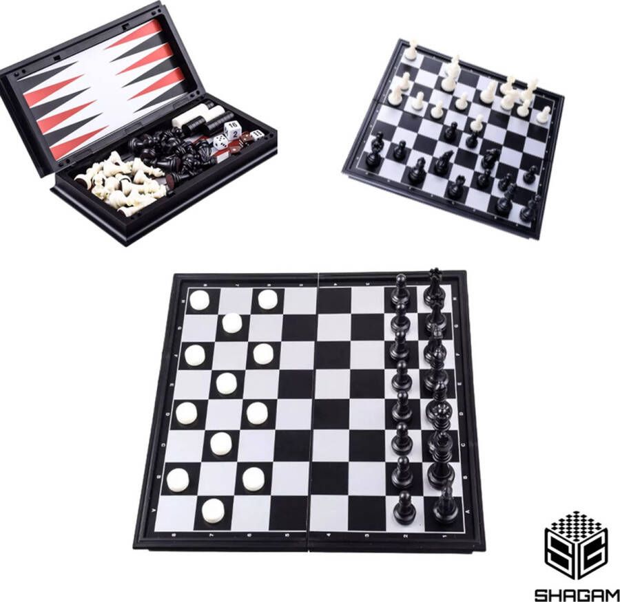 Shagam 3-in-1 Bordspel 32 cm Plastic Magnetisch Schaakbord Dambord Backgammon Schaakspel Schaakset Schaken Dammen Met Schaakstukken Chess Hout Opklapbaar