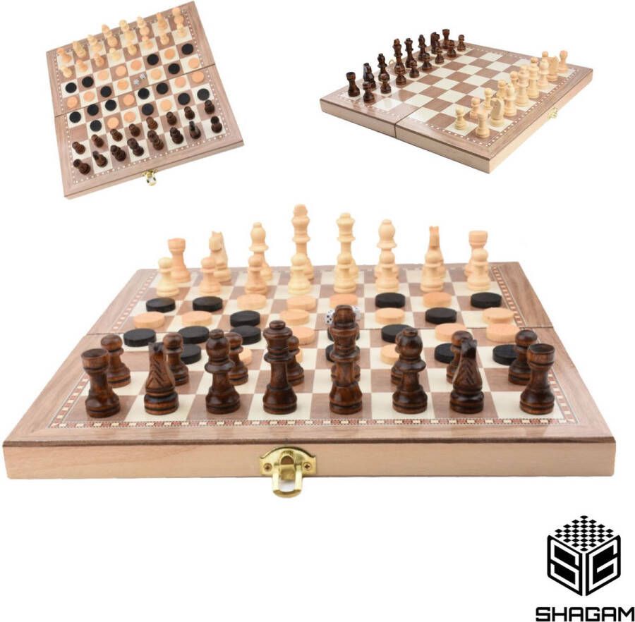 Shagam 3-in-1 Set 39 x 39 cm Schaakbord Dambord (8x8) Backgammon Hout Met Schaakstukken Opklapbaar Schaakspel Schaakset Schaken Chess Damset