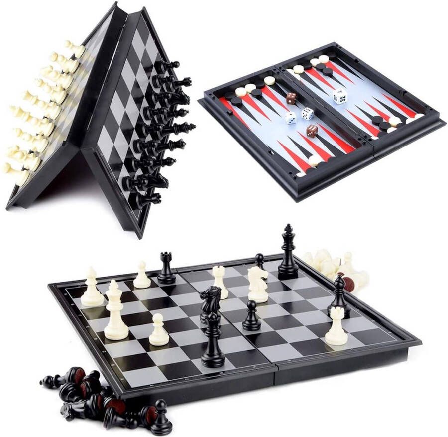 Shagam 3-in-1 Set 32 x 32 cm Schaakbord Dambord (8x8) Backgammon Plastic Met Schaakstukken Opklapbaar Schaakspel Schaakset Schaken Chess Damset