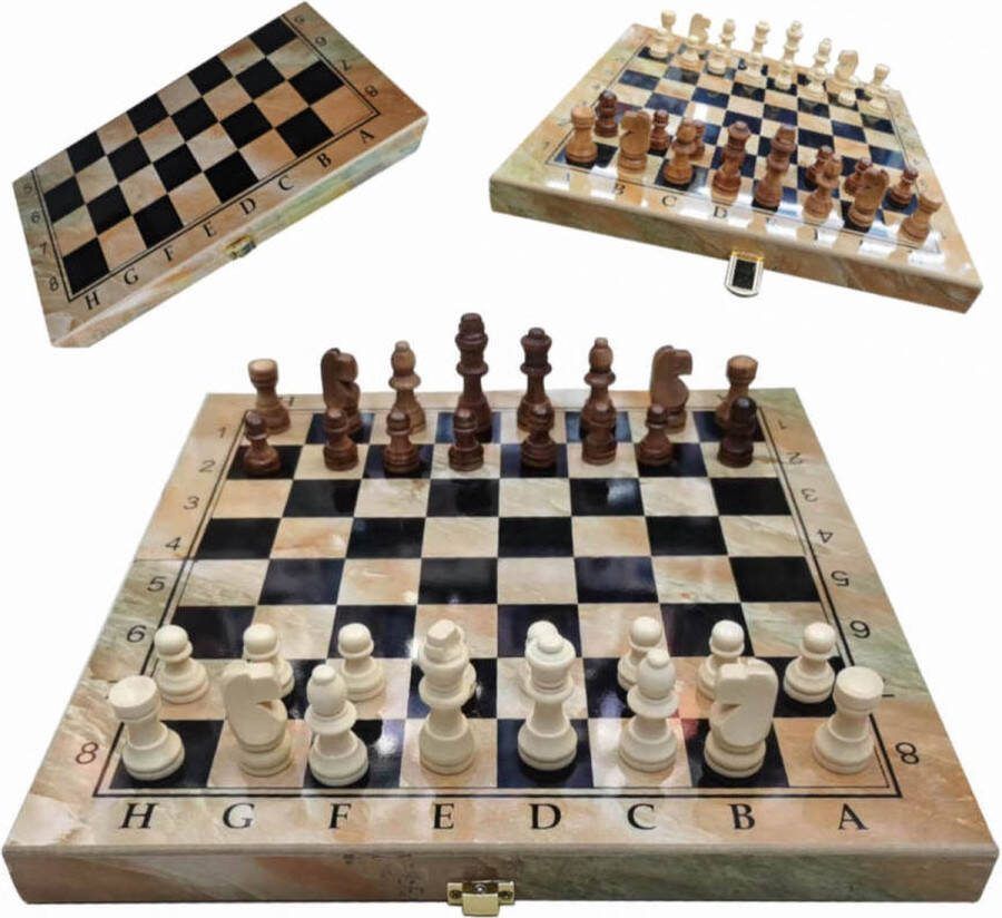 Shagam 3-in-1 Set 48 x 48 cm Schaakbord Dambord (8x8) Backgammon Hout Met Schaakstukken Opklapbaar Schaakspel Schaakset Schaken Chess Damset