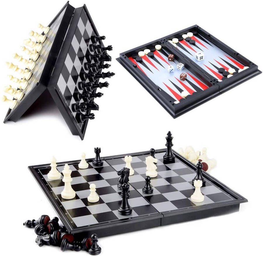 Shagam 3-in-1 Bordspel 25 cm Plastic Magnetisch Schaakbord Dambord Backgammon Schaakspel Schaakset Schaken Dammen Met Schaakstukken Chess Hout Opklapbaar