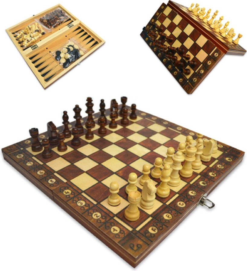 Shagam 3-in-1 Set 29 x 29 cm Schaakbord Dambord (8x8) Backgammon Hout Magnetisch Met Schaakstukken Opklapbaar Schaakspel Schaakset Schaken Chess Damset