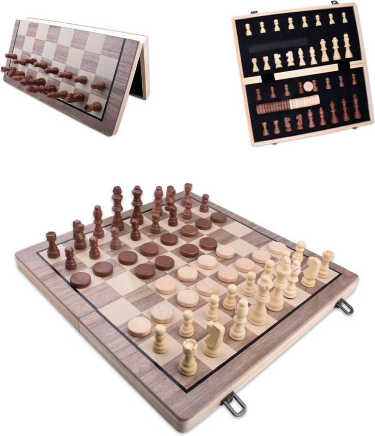 Shagam 2-in-1 Bordspel 39 cm Magnetisch Schaakbord Dambord Backgammon Schaakspel Schaakset Schaken Dammen Met Schaakstukken Chess Hout Opklapbaar