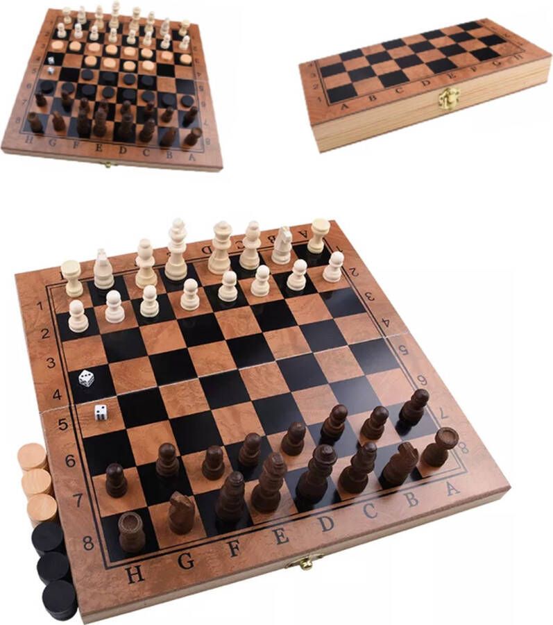 Shagam 3-in-1 Set 39 x 39 cm Schaakbord Dambord (8x8) Backgammon Hout Met Schaakstukken Opklapbaar Schaakspel Schaakset Schaken Chess Damset