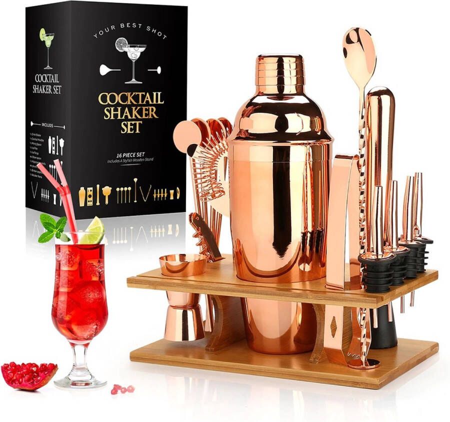Shake Pro Cocktail Set 16-Delig Incl. Opbergrek Cocktail Shaker RVS Rosé Goud