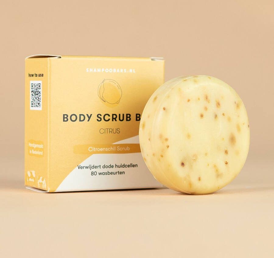 Shampoo Bars Nederland Body Scrub Bar Citrus Handgemaakt in Nederland 80 wasbeurten Plasticvrij Dierproefvrij Vegan 100% biologisch afbreekbare verpakking