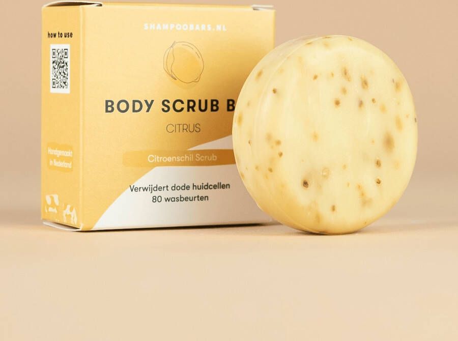 Shampoo Bars Nederland Body Scrub Bar Citrus Handgemaakt in Nederland 80 wasbeurten Plasticvrij Dierproefvrij Vegan 100% biologisch afbreekbare verpakking