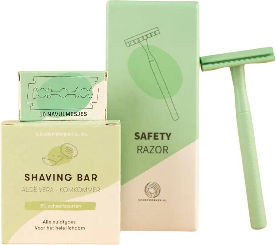 ShampooBars.nl Safety Razor(scheermes) Shaving Bar + 10x navulling (Aloe Vera -Komkommer)
