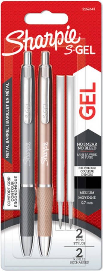 Sharpie S-Gel metalen gelpennen mediumpunt (0 7 mm) staalgrijs en roodgoud zwarte inkt 2 pennen en 2 navullingen voor gelpennen