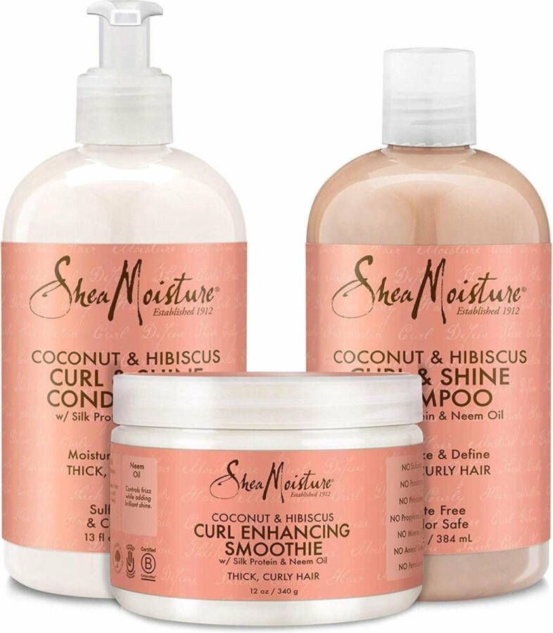 Shea Moisture Coconut & Hibiscus Shampoo Conditioner & Curl Enhancing Smoothie Curl & Shine Care Pakket van 3