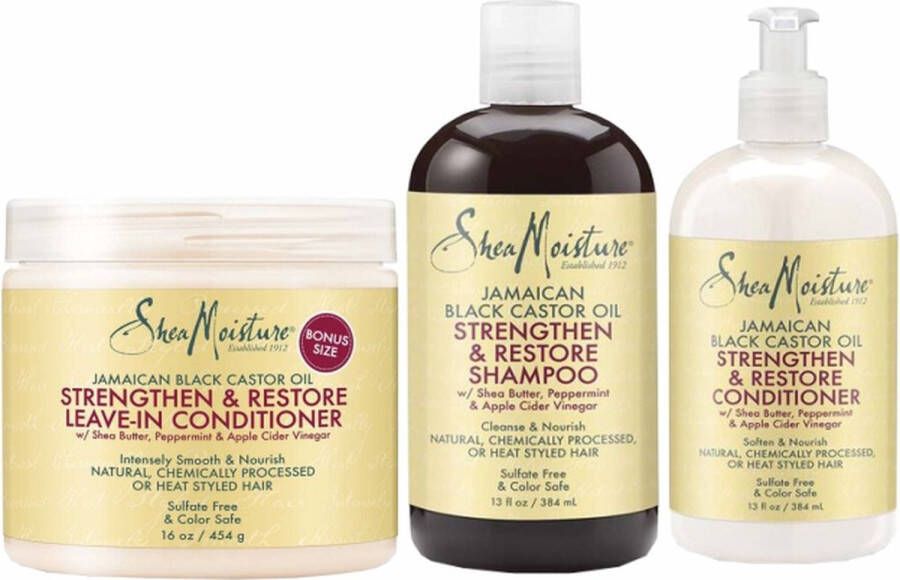 Shea Moisture Jamaican Black Castor Oil Combination Pack – Strengthen Grow & Restore – Shampoo 13Oz Conditioner 13 Oz. & Leave-In Conditioner 11Oz