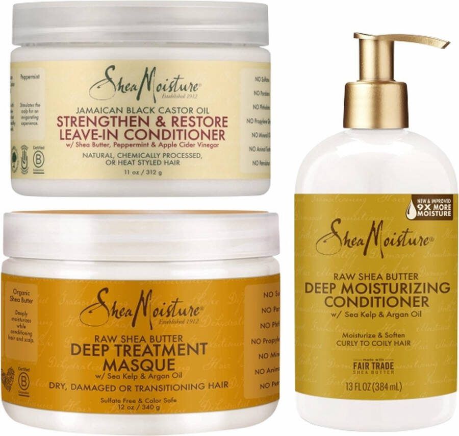 Shea Moisture Raw Shea Butter- Conditioner en Haarmasker Jamaican Black Castor Oil Leave-In Conditioner Set of 3
